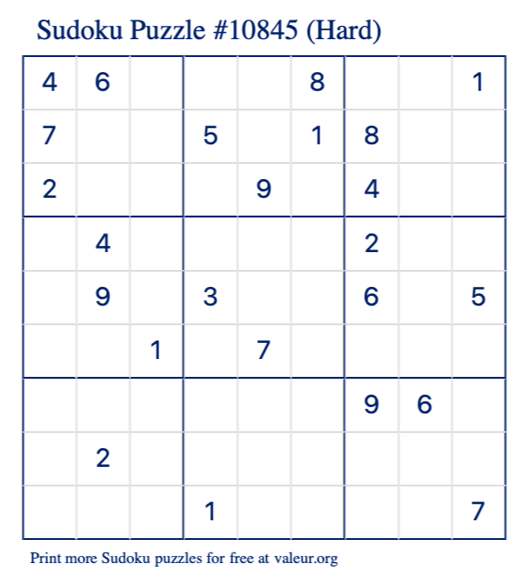 Free Printable Hard Sudoku Puzzle number 10845