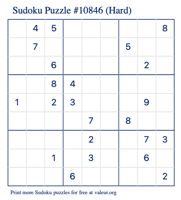 Free Printable Hard Sudoku Puzzle number 10846
