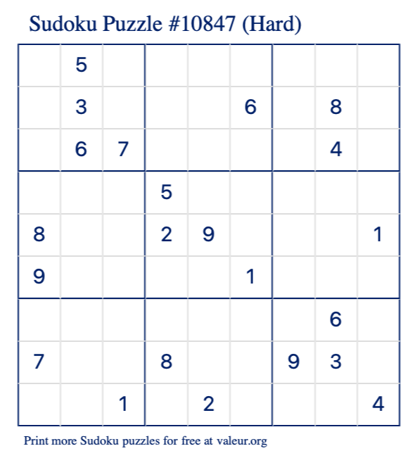 Free Printable Hard Sudoku Puzzle number 10847