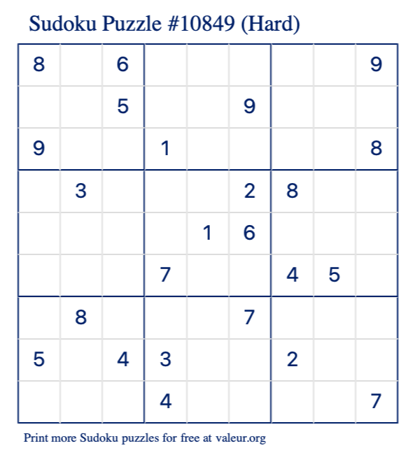 Free Printable Hard Sudoku Puzzle number 10849