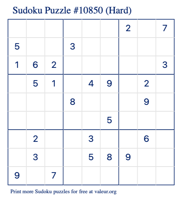 Free Printable Hard Sudoku Puzzle number 10850