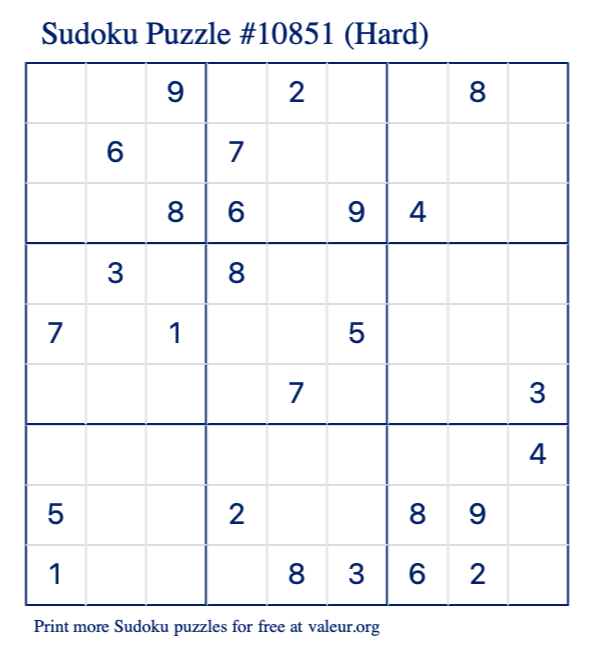 Free Printable Hard Sudoku Puzzle number 10851