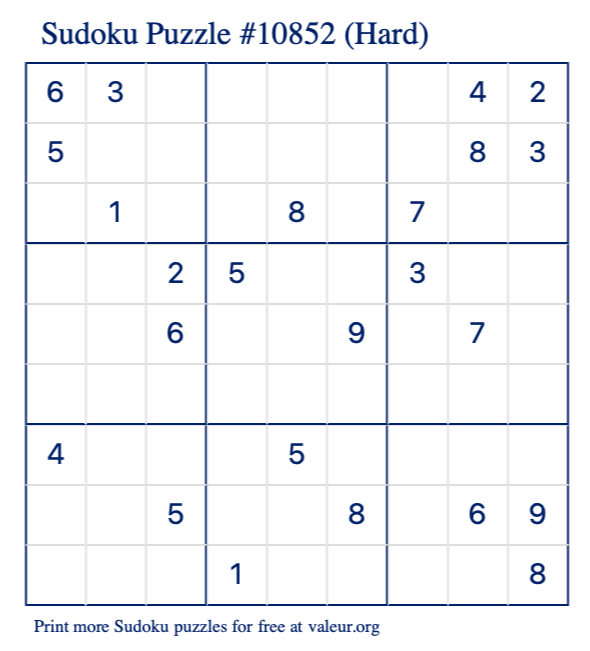 Free Printable Hard Sudoku Puzzle number 10852
