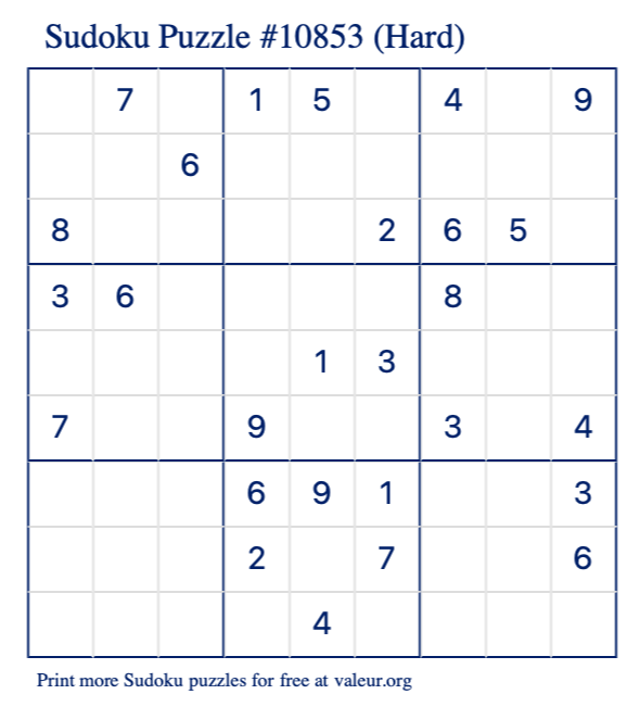 Free Printable Hard Sudoku Puzzle number 10853