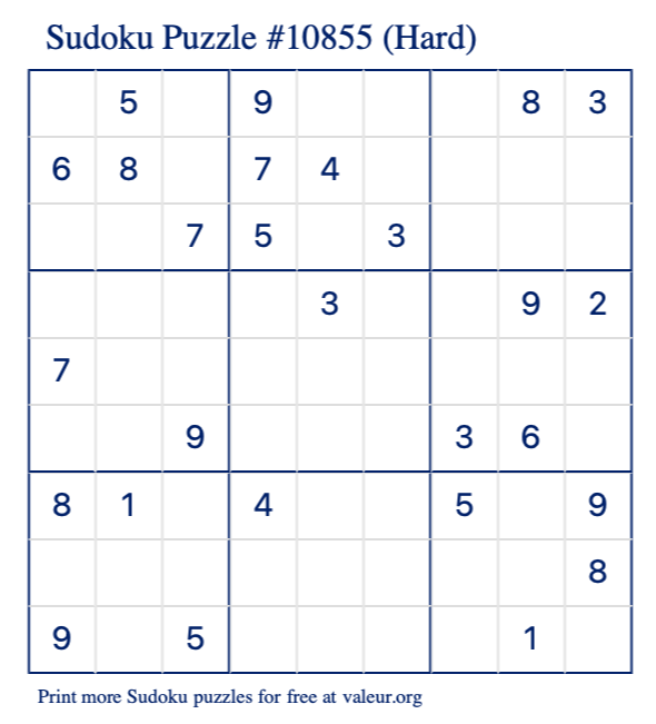 Free Printable Hard Sudoku Puzzle number 10855