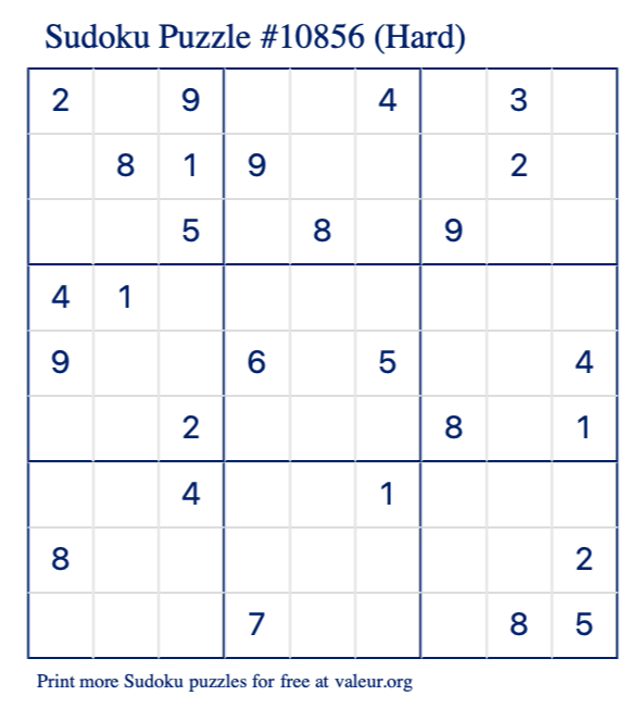 Free Printable Hard Sudoku Puzzle number 10856