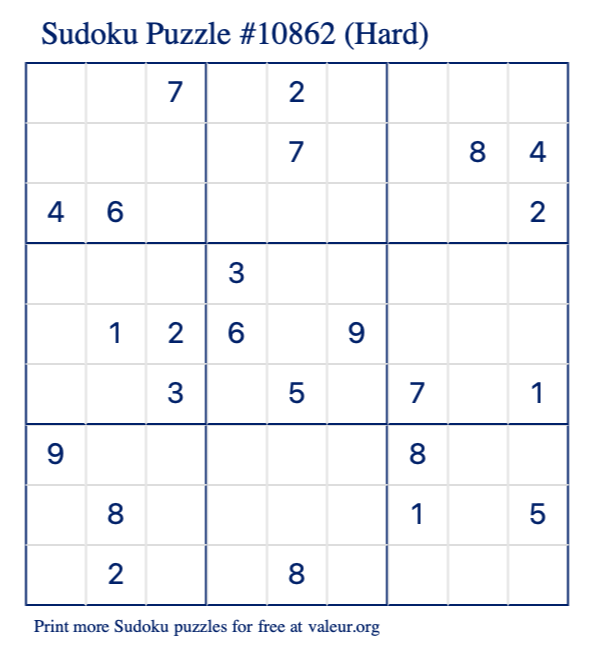 Free Printable Hard Sudoku Puzzle number 10862