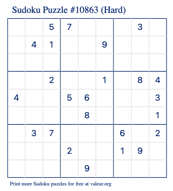 Free Printable Hard Sudoku Puzzle number 10863