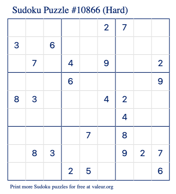 Free Printable Hard Sudoku Puzzle number 10866