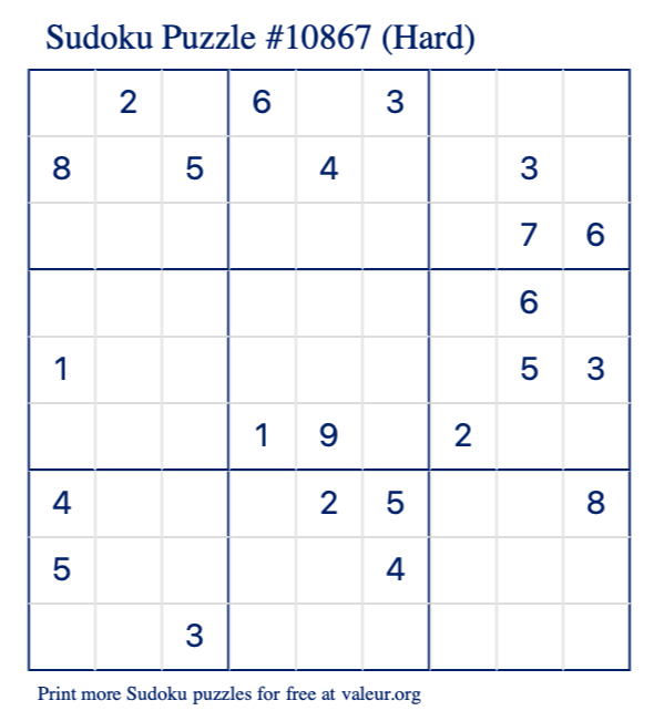 Free Printable Hard Sudoku Puzzle number 10867