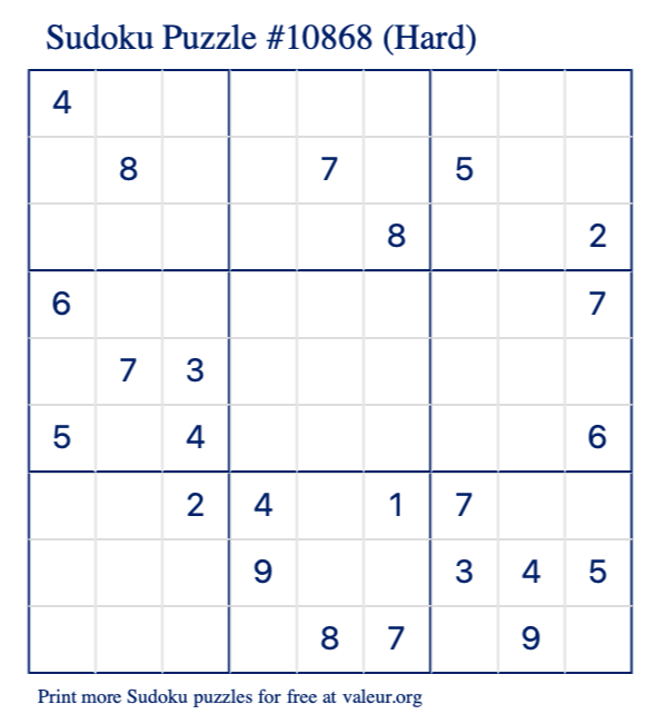Free Printable Hard Sudoku Puzzle number 10868