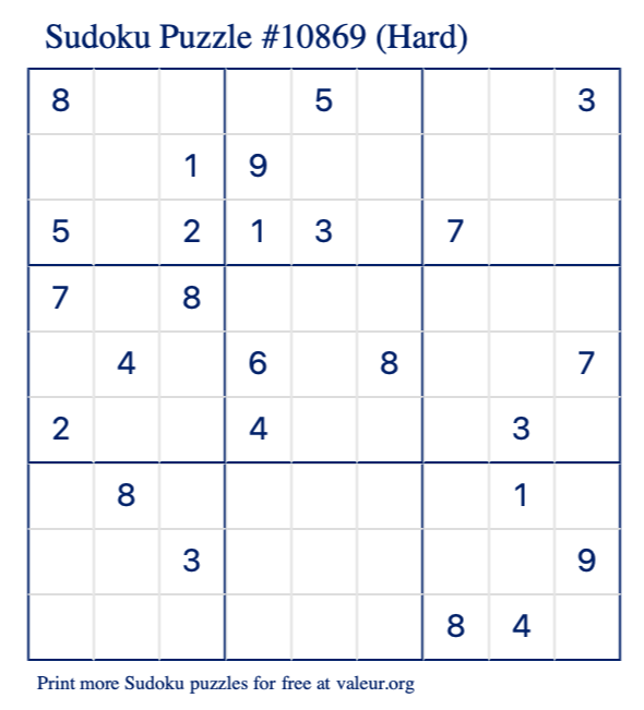 Free Printable Hard Sudoku Puzzle number 10869