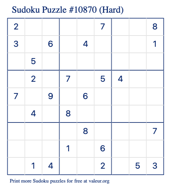 Free Printable Hard Sudoku Puzzle number 10870
