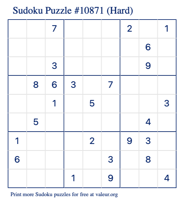 Free Printable Hard Sudoku Puzzle number 10871