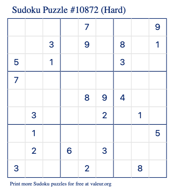 Free Printable Hard Sudoku Puzzle number 10872