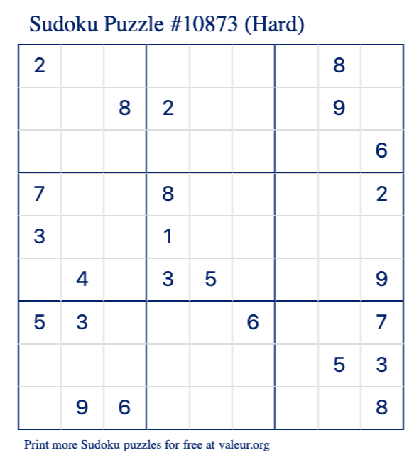Free Printable Hard Sudoku Puzzle number 10873