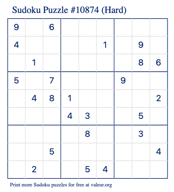 Free Printable Hard Sudoku Puzzle number 10874