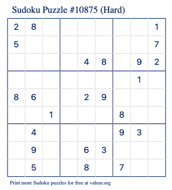Free Printable Hard Sudoku Puzzle number 10875