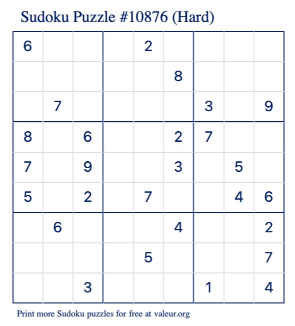 Free Printable Hard Sudoku Puzzle number 10876