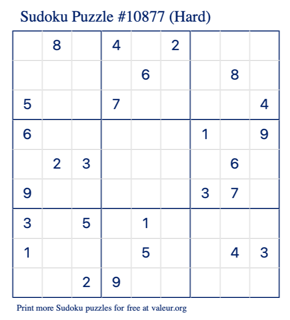 Free Printable Hard Sudoku Puzzle number 10877