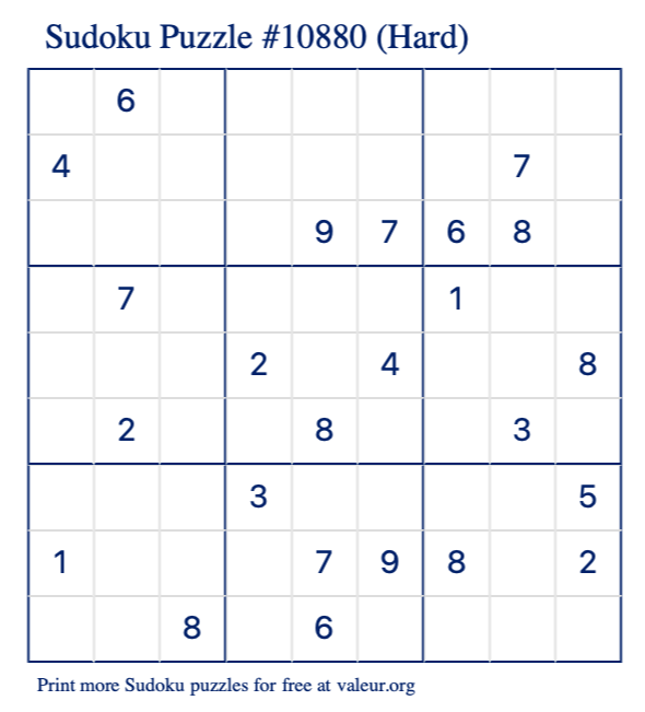 Free Printable Hard Sudoku Puzzle number 10880