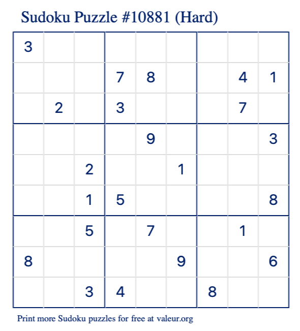 Free Printable Hard Sudoku Puzzle number 10881
