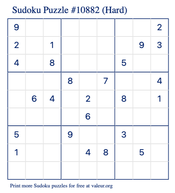 Free Printable Hard Sudoku Puzzle number 10882
