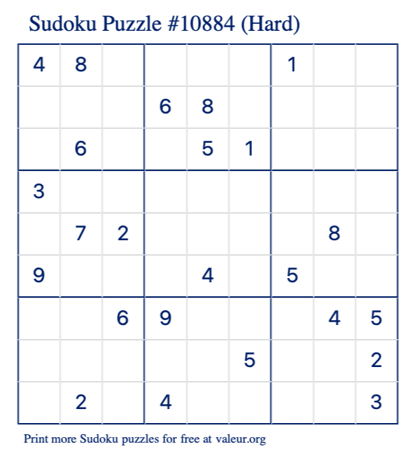 Free Printable Hard Sudoku Puzzle number 10884