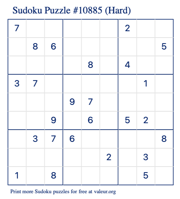 Free Printable Hard Sudoku Puzzle number 10885