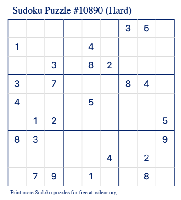 Free Printable Hard Sudoku Puzzle number 10890