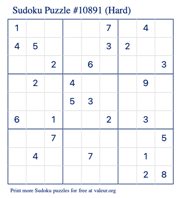 Free Printable Hard Sudoku Puzzle number 10891