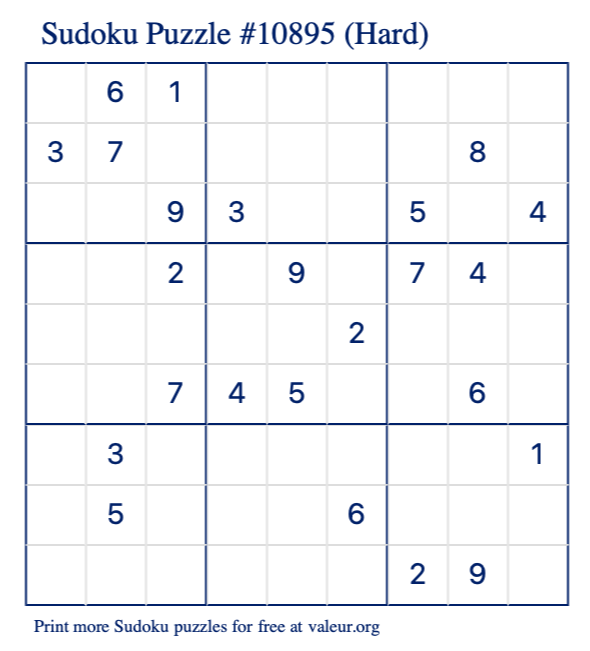 Free Printable Hard Sudoku Puzzle number 10895