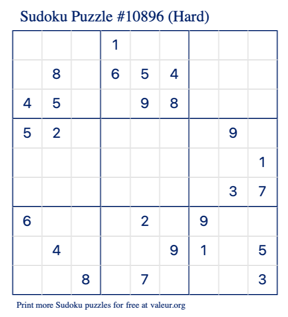 Free Printable Hard Sudoku Puzzle number 10896