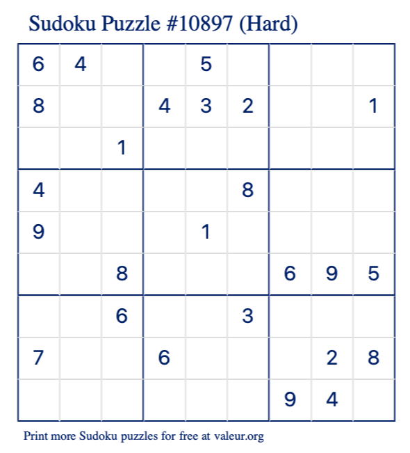 Free Printable Hard Sudoku Puzzle number 10897