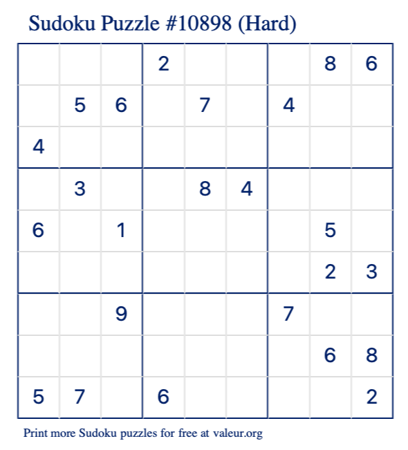 Free Printable Hard Sudoku Puzzle number 10898