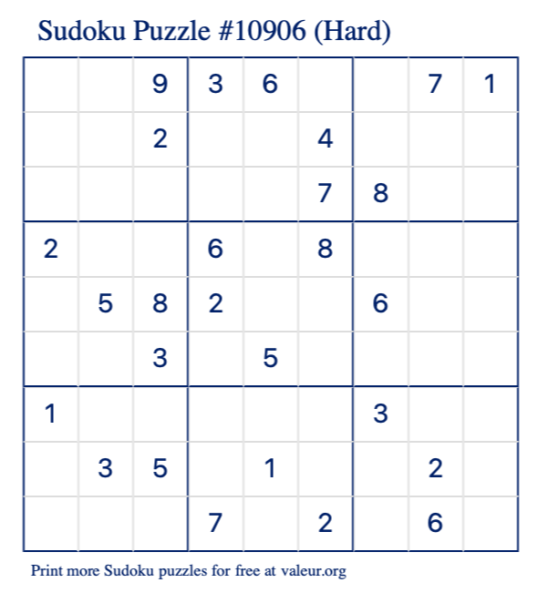 Free Printable Hard Sudoku Puzzle number 10906