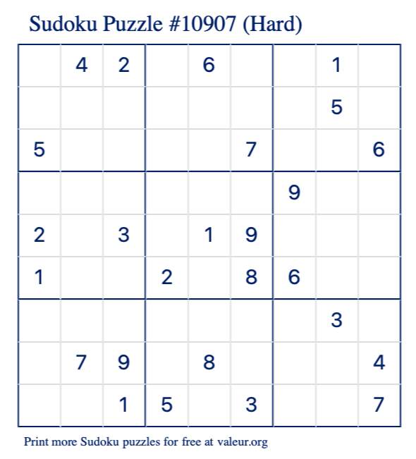 Free Printable Hard Sudoku Puzzle number 10907
