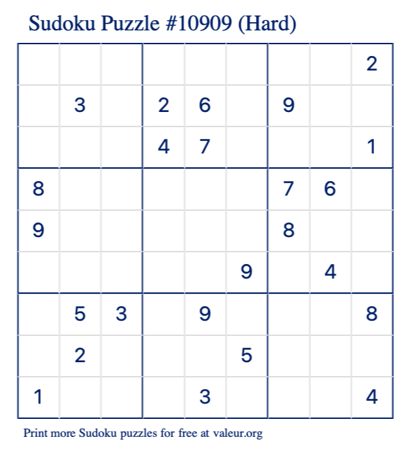 Free Printable Hard Sudoku Puzzle number 10909