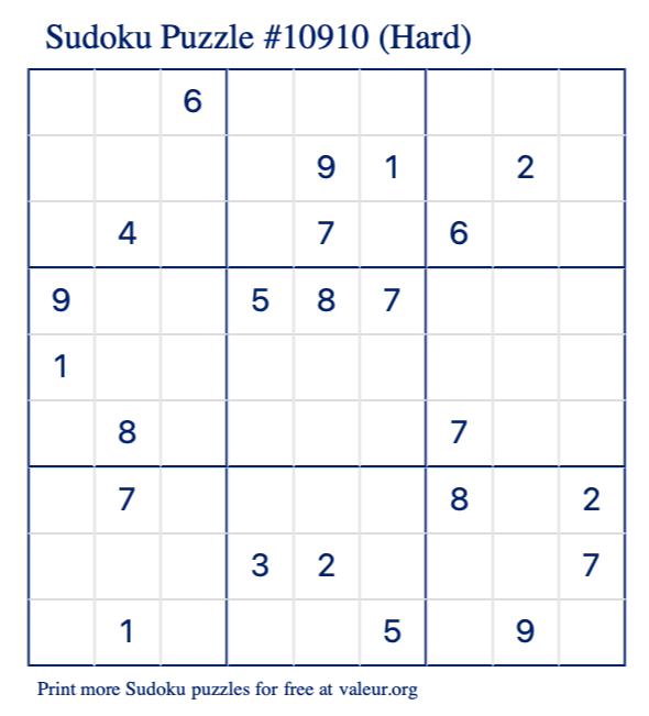 Free Printable Hard Sudoku Puzzle number 10910