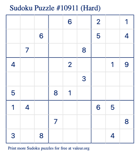 Free Printable Hard Sudoku Puzzle number 10911