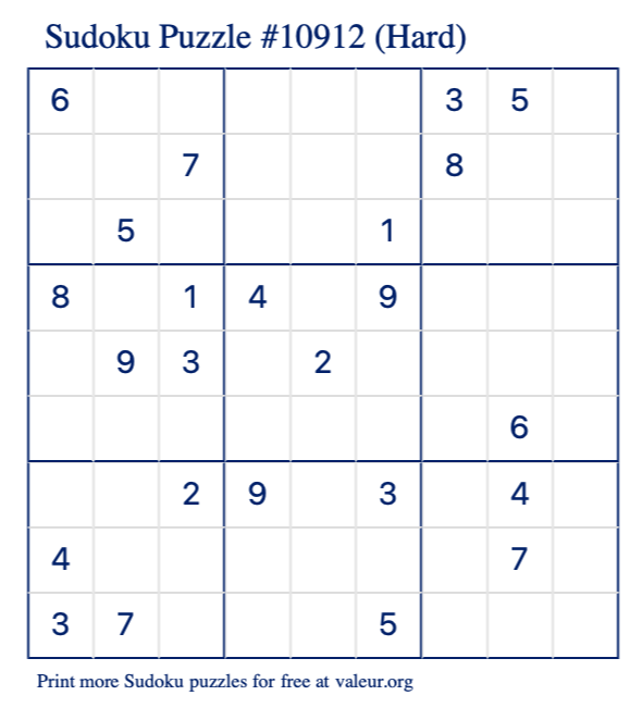 Free Printable Hard Sudoku Puzzle number 10912
