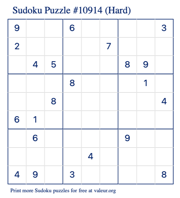 Free Printable Hard Sudoku Puzzle number 10914