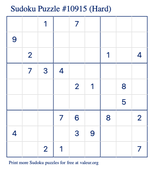 Free Printable Hard Sudoku Puzzle number 10915