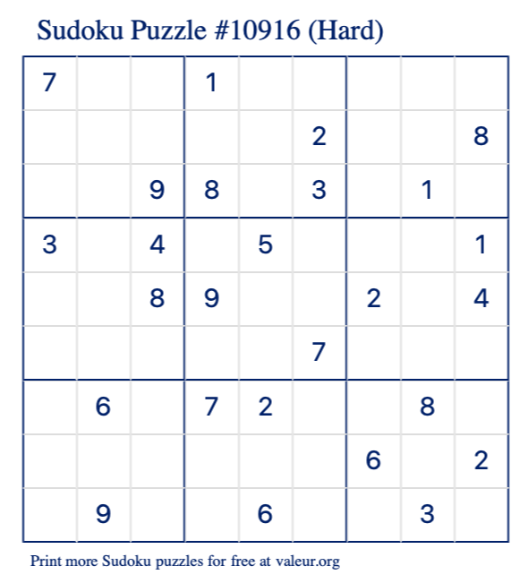 Free Printable Hard Sudoku Puzzle number 10916