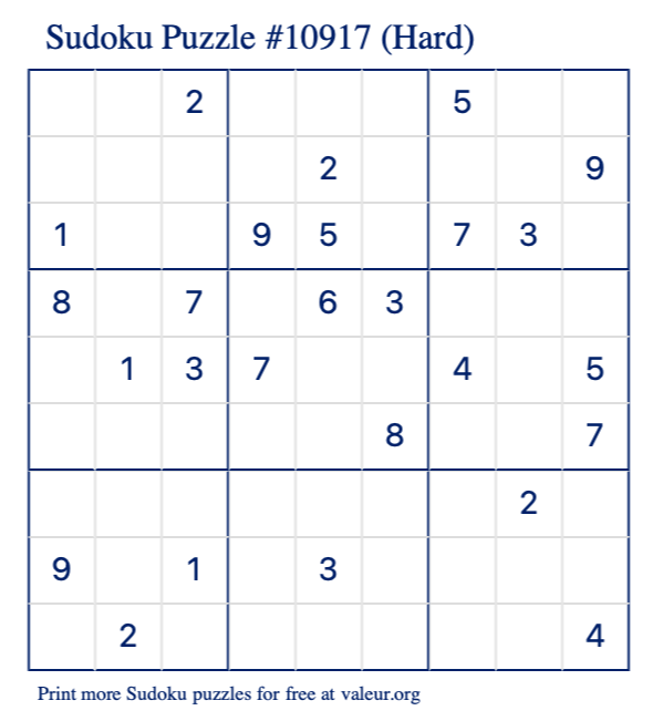 Free Printable Hard Sudoku Puzzle number 10917