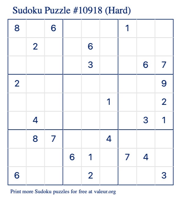 Free Printable Hard Sudoku Puzzle number 10918