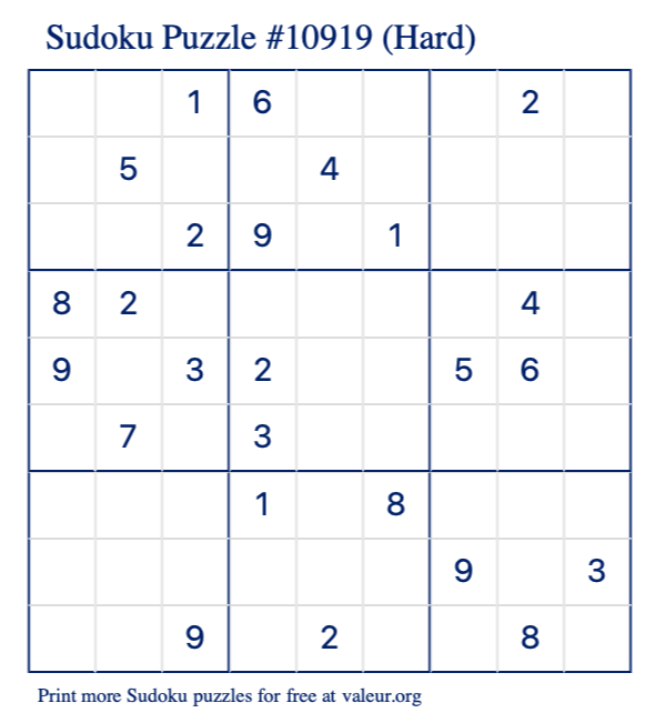Free Printable Hard Sudoku Puzzle number 10919