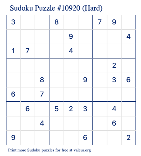 Free Printable Hard Sudoku Puzzle number 10920