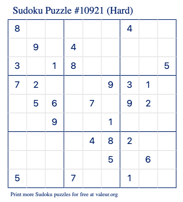 Free Printable Hard Sudoku Puzzle number 10921