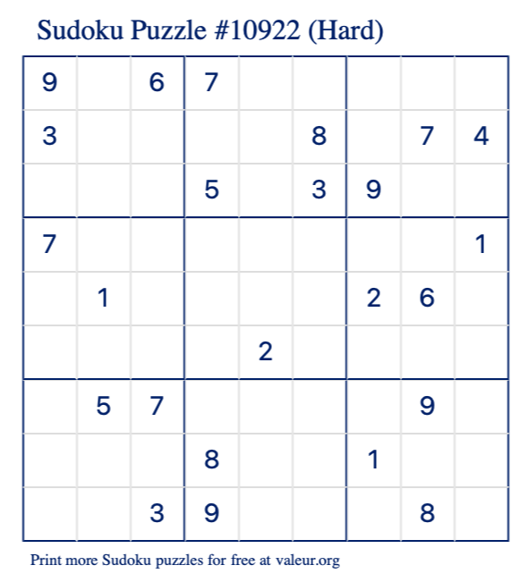 Free Printable Hard Sudoku Puzzle number 10922